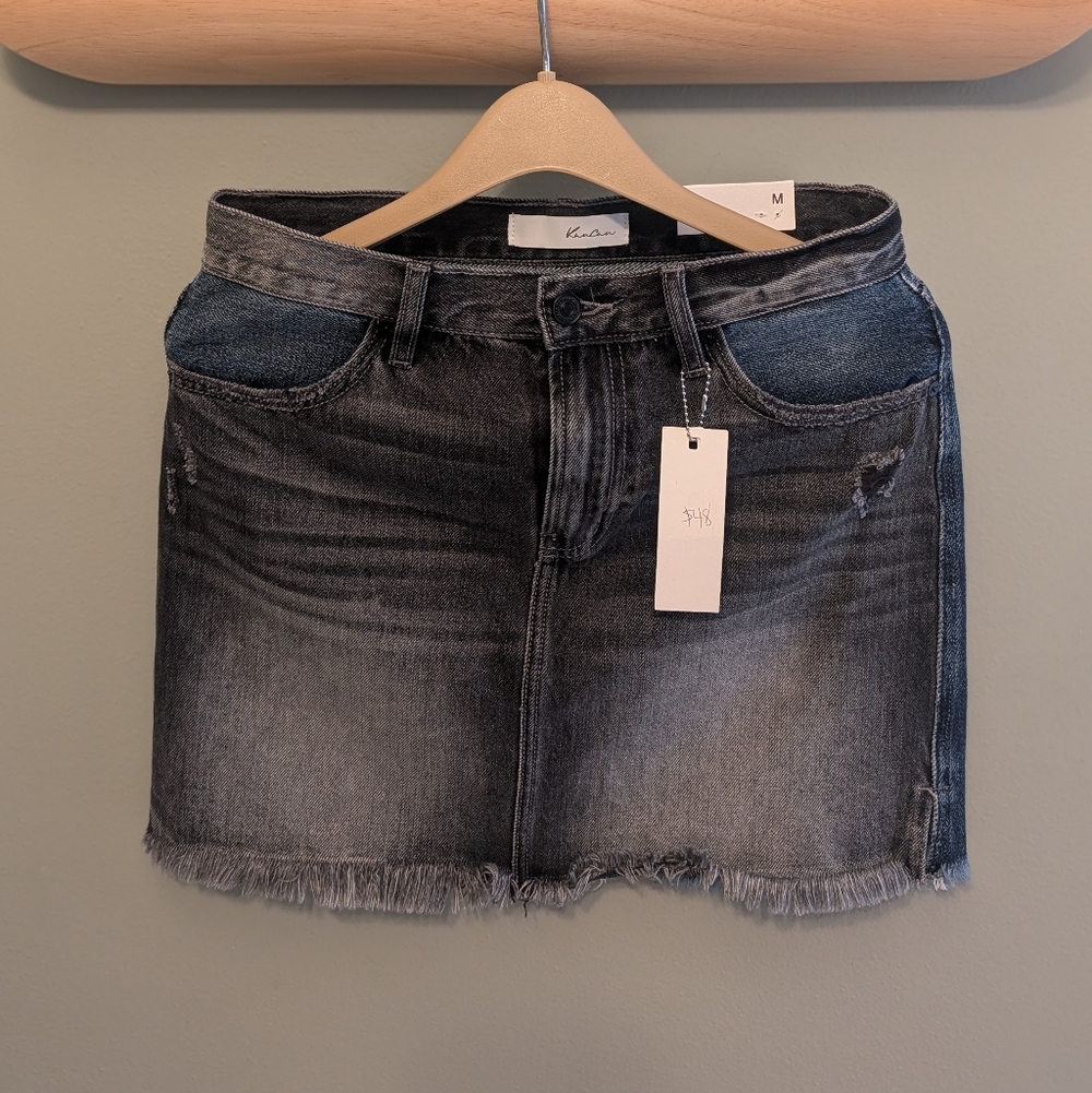 Kan Can Collection Black Blue Two-Toned Distressed Fringe Denim Skirt